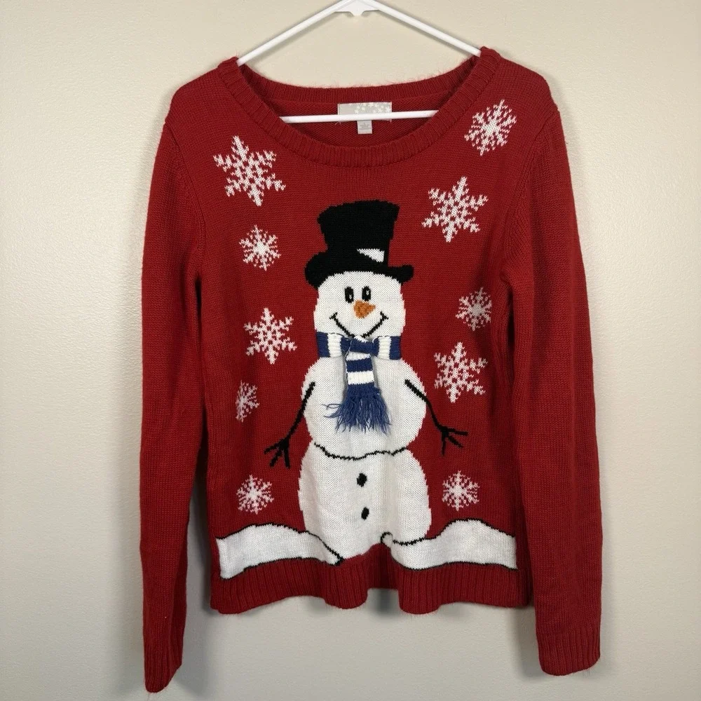 Carolyn Taylor Winter Sweater Womens Large Red White Winter Snowman Long Sleeves - Picture 2 of 9